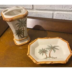 Springmaid Palm Breeze Toothbrush Holder & Soap Dish Palm Trees Monkey Tropical